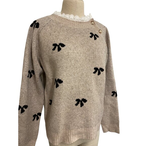 Shein Womens Beige Sweater With Black Bow Pattern & Decorative Buttons - Picture 2 of 7